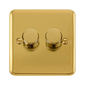 Curved Polished Brass 2 Gang 2 Way LED 100W Trailing Edge Dimmer Light Switch - SE Home