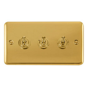 Curved Polished Brass 3 Gang 2 Way 10AX Toggle Light Switch - SE Home