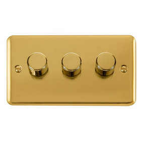 Curved Polished Brass 3 Gang 2 Way LED 100W Trailing Edge Dimmer Light Switch - SE Home