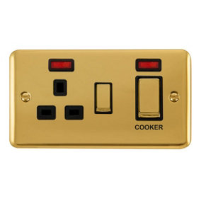 Curved Polished Brass Cooker Control Ingot 45A With 13A Switched Plug Socket & 2 Neons - Black Trim - SE Home