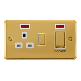 Curved Polished Brass Cooker Control Ingot 45A With 13A Switched Plug Socket & 2 Neons - White Trim - SE Home