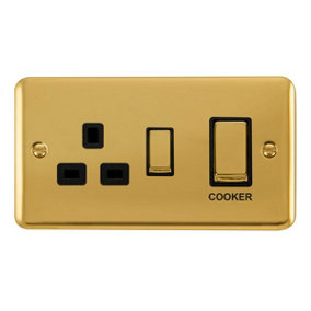 Curved Polished Brass Cooker Control Ingot 45A With 13A Switched Plug Socket - Black Trim - SE Home