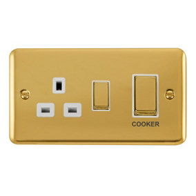 Curved Polished Brass Cooker Control Ingot 45A With 13A Switched Plug Socket - White Trim - SE Home