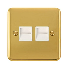 Curved Polished Brass Master Telephone Twin Socket - White Trim - SE Home