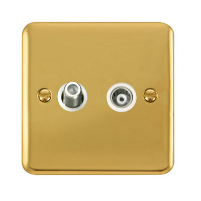 Curved Polished Brass Satellite And Isolated Coaxial 1 Gang Socket - White Trim - SE Home