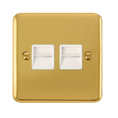 Curved Polished Brass Secondary Telephone Twin Socket - White Trim - SE Home