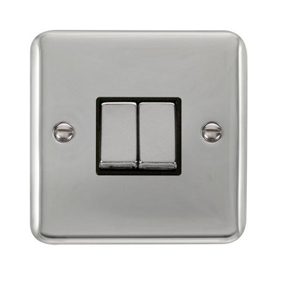 Curved Polished Chrome 10A 2 Gang 2 Way Ingot Light Switch - Black Trim - SE Home