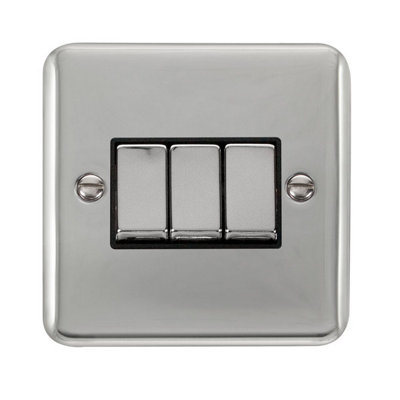 Curved Polished Chrome 10A 3 Gang 2 Way Ingot Light Switch - Black Trim - SE Home