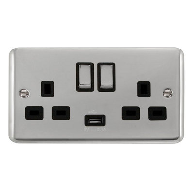 Curved Polished Chrome 2 Gang 13A DP Ingot 1 USB Twin Double Switched ...
