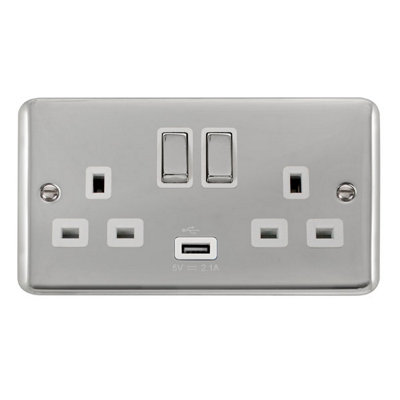 Curved Polished Chrome 2 Gang 13A DP Ingot 1 USB Twin Double Switched Plug Socket - White Trim - SE Home