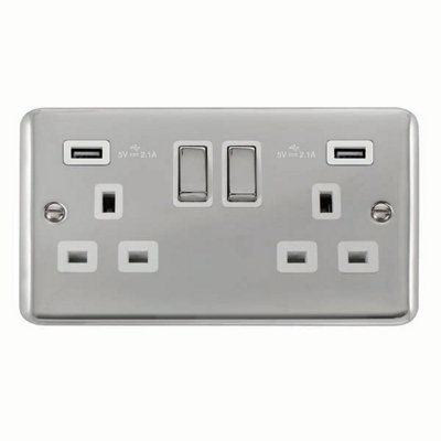 Curved Polished Chrome 2 Gang 13A DP Ingot 2 USB Twin Double Switched Plug Socket - White Trim - SE Home