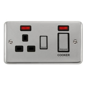Curved Polished Chrome Cooker Control Ingot 45A With 13A Switched Plug Socket & 2 Neons - Black Trim - SE Home