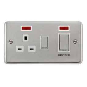 Curved Polished Chrome Cooker Control Ingot 45A With 13A Switched Plug Socket & 2 Neons - White Trim - SE Home