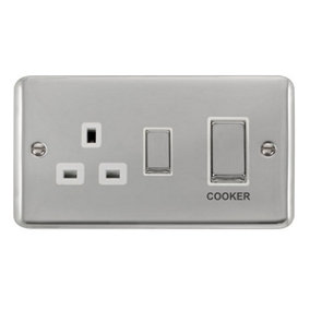 Curved Polished Chrome Cooker Control Ingot 45A With 13A Switched Plug Socket - White Trim - SE Home