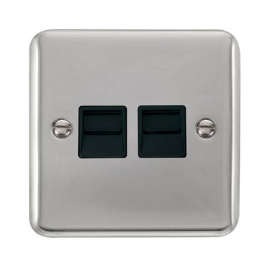 Curved Polished Chrome Master Telephone Twin Socket - Black Trim - SE Home