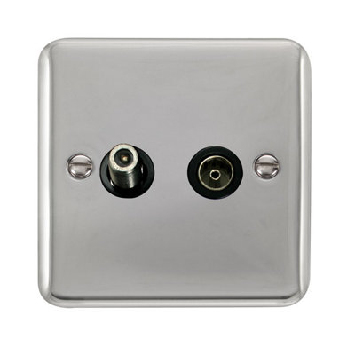 Curved Polished Chrome Satellite & Coaxial Socket 1 Gang - Black Trim - SE Home