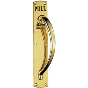 Curved Right Handed Door Pull Handle Engraved with 'Pull' Polished Brass