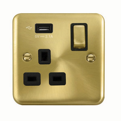 Curved Satin / Brushed Brass 1 Gang 13A DP Ingot 1 USB Switched Plug