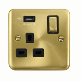 Curved Satin / Brushed Brass 1 Gang 13A DP Ingot 1 USB Switched Plug Socket - Black Trim - SE Home