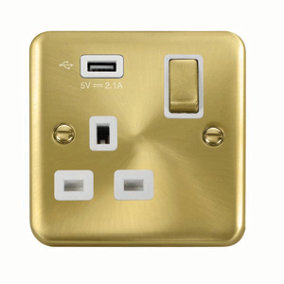 Curved Satin / Brushed Brass 1 Gang 13A DP Ingot 1 USB Switched Plug Socket - White Trim - SE Home