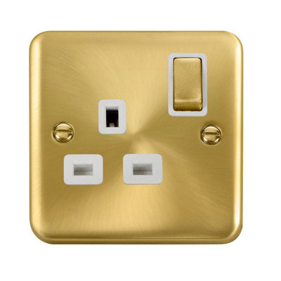 Curved Satin / Brushed Brass 1 Gang 13A DP Ingot Switched Plug Socket - White Trim - SE Home