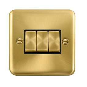 Curved Satin / Brushed Brass 10A 3 Gang 2 Way Ingot Light Switch - Black Trim - SE Home