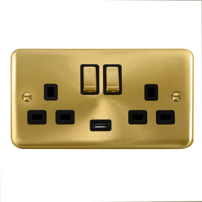 Curved Satin / Brushed Brass 2 Gang 13A DP Ingot 1 USB Twin Double Switched Plug Socket - Black Trim - SE Home