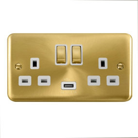 Curved Satin / Brushed Brass 2 Gang 13A DP Ingot 1 USB Twin Double Switched Plug Socket - White Trim - SE Home
