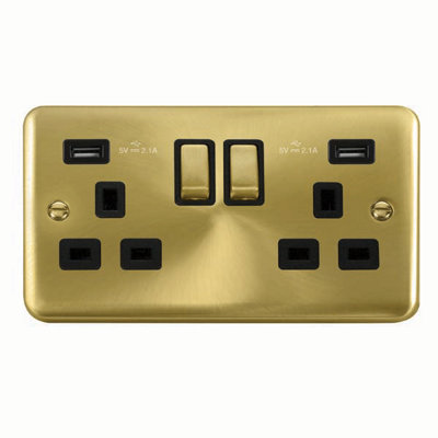 Curved Satin / Brushed Brass 2 Gang 13A DP Ingot 2 USB Twin Double ...