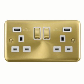 Curved Satin / Brushed Brass 2 Gang 13A DP Ingot 2 USB Twin Double Switched Plug Socket - White Trim - SE Home
