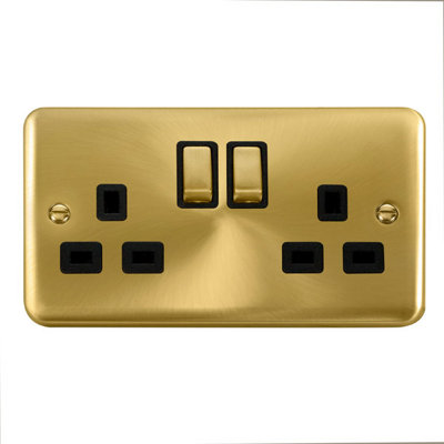 Curved Satin / Brushed Brass 2 Gang 13A DP Ingot Twin Double Switched Plug Socket - Black Trim - SE Home