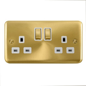 Curved Satin / Brushed Brass 2 Gang 13A DP Ingot Twin Double Switched Plug Socket - White Trim - SE Home
