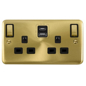 Curved Satin / Brushed Brass 2 Gang 13A DP Ingot Type A & C USB Twin Double Switched Plug Socket - Black Trim - SE Home