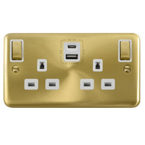 Curved Satin / Brushed Brass 2 Gang 13A DP Ingot Type A & C USB Twin Double Switched Plug Socket - White Trim - SE Home
