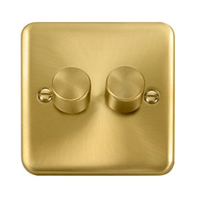 Curved Satin / Brushed Brass 2 Gang 2 Way LED 100W Trailing Edge Dimmer Light Switch - SE Home