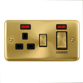 Curved Satin / Brushed Brass Cooker Control Ingot 45A With 13A Switched Plug Socket & 2 Neons - Black Trim - SE Home