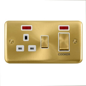 Curved Satin / Brushed Brass Cooker Control Ingot 45A With 13A Switched Plug Socket & 2 Neons - White Trim - SE Home