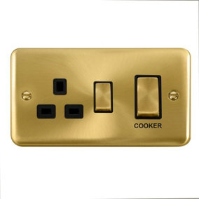 Curved Satin / Brushed Brass Cooker Control Ingot 45A With 13A Switched Plug Socket - Black Trim - SE Home