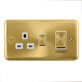 Curved Satin / Brushed Brass Cooker Control Ingot 45A With 13A Switched Plug Socket - White Trim - SE Home