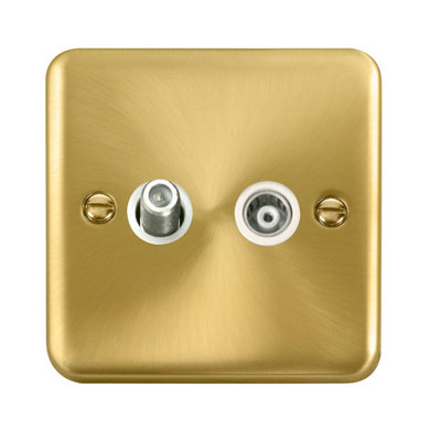Curved Satin / Brushed Brass Satellite And Isolated Coaxial 1 Gang Socket - White Trim - SE Home