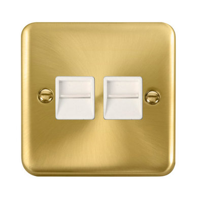 Curved Satin / Brushed Brass Secondary Telephone Twin Socket - White Trim - SE Home