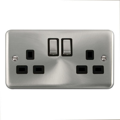 Curved Satin / Brushed Chrome 2 Gang 13A DP Ingot Twin Double Switched Plug Socket - Black Trim - SE Home