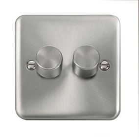 Curved Satin / Brushed Chrome 2 Gang 2 Way LED 100W Trailing Edge Dimmer Light Switch - SE Home