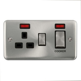 Curved Satin / Brushed Chrome Cooker Control Ingot 45A With 13A Switched Plug Socket & 2 Neons - Black Trim - SE Home