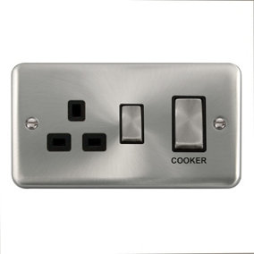 Curved Satin / Brushed Chrome Cooker Control Ingot 45A With 13A Switched Plug Socket - Black Trim - SE Home