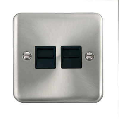 Curved Satin / Brushed Chrome Master Telephone Twin Socket - Black Trim - SE Home