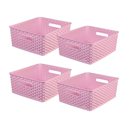 White Rectangle Woven Storage Baskets with Lid- 4 Pc.