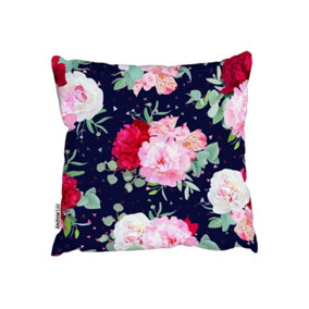 Cushions - Navy floral print with burgundy red and pink peony (Cushion) / 60cm x 60cm