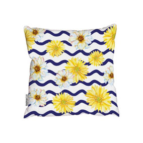 Cushions - White and yellow daisies on the wavy striped background (Cushion) / 60cm x 60cm