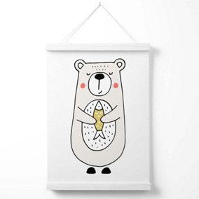 Cute Beige Bear Scandi Animal Poster with Hanger / 33cm / White